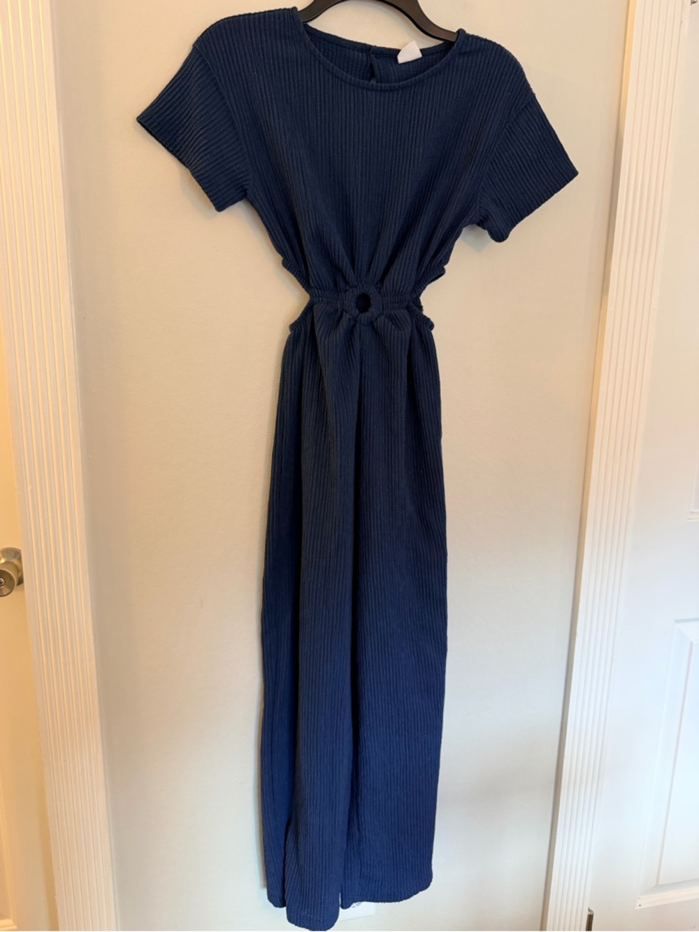 Zara Girls Textured Cutout Waist Jumpsuit Navy Blue Wide Leg Size 13-14
